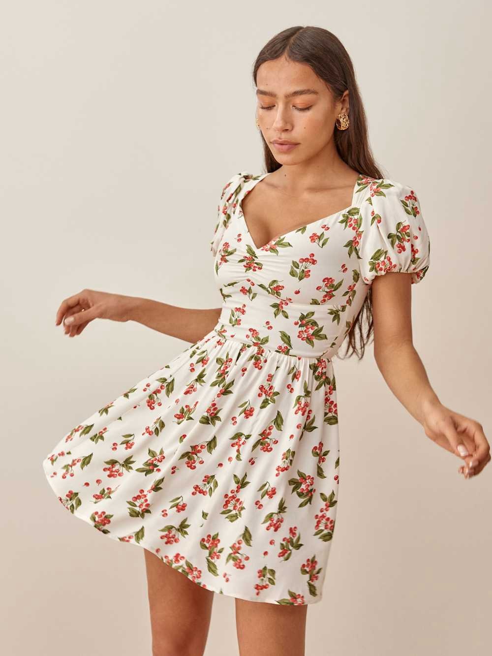 Reformation White Mini Dress with Red Cherry Print